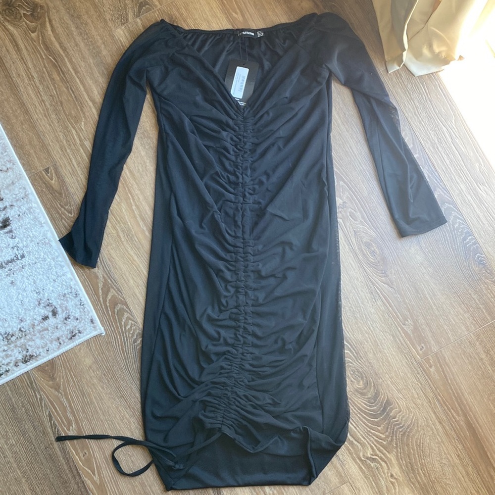 PRETTYLITTLETHING- women’s size 12 off the shoulder black dress. BRAND NEW!